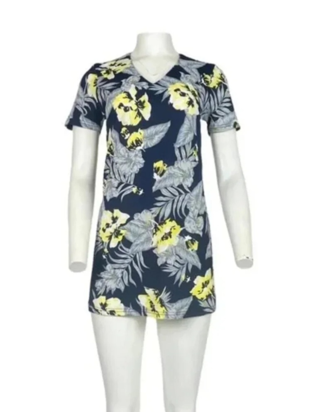 Blue Yellow Floral V Neck Mini Shirt Dress XS - Picture 2 of 5